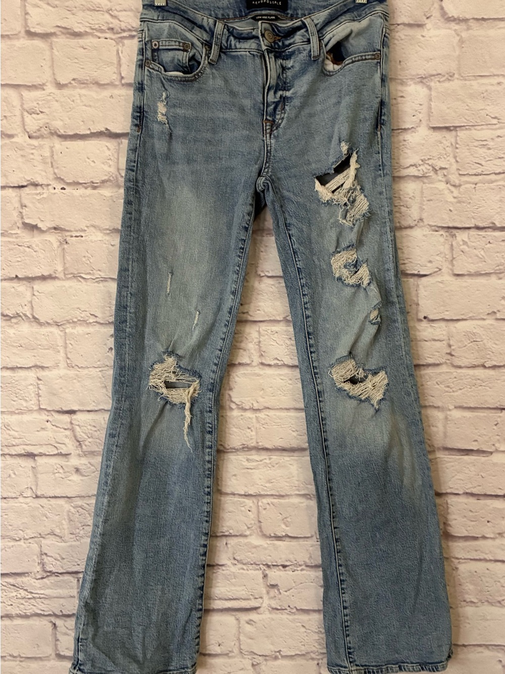 Aeropostale Distressed Light Blue Low Rise Flare Jeans - Women's Wide Leg - Size